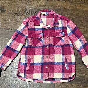 Kids Plaid Wooly Plaid Shacket in Pink and Cream
